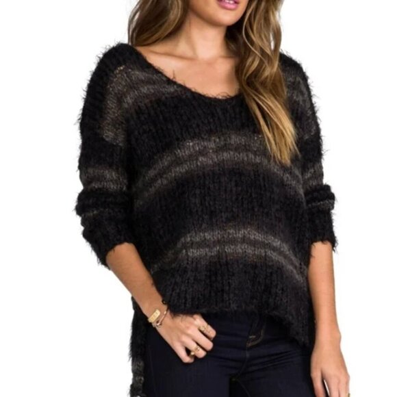Free People Linus Stripe pullover sweater black & gray oversized women's size XS - Picture 2 of 5